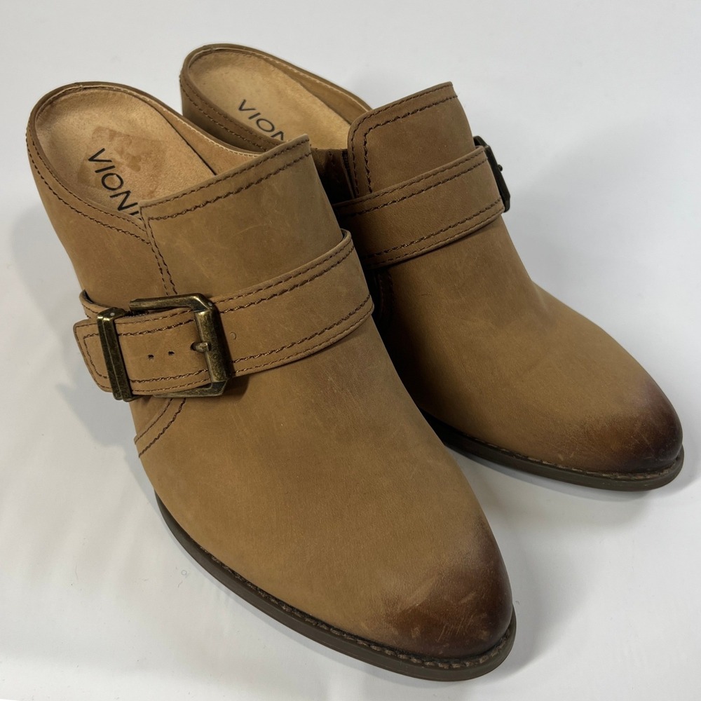 Vionic Cheyenne‎ Mules Clog Tan Suede Brown Buckle Comfort Slip On Shoes Size 9